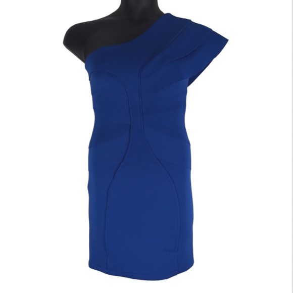 TS Three Seasons Sz 4 Dress One Shoulder Back Zipper Layered Raw Edges Blue NWOT - Picture 1 of 12